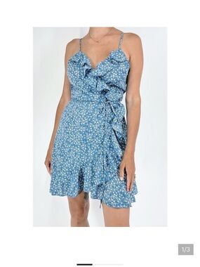 Blue Floral Ruffle Wrap Dress